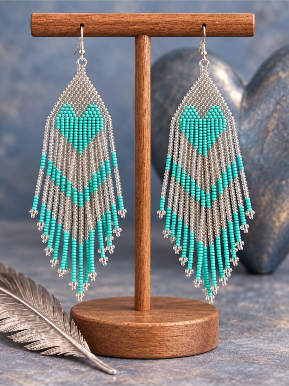 Artisan Made Hand-Beaded Turquoise Heart Fringe Dangle Earrings